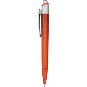 An orange plastic pen with a silver clip and a smooth body, featuring branding on the side.