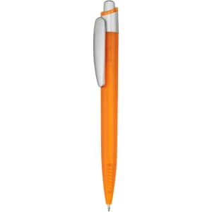 An orange plastic pen with a silver clip and a smooth finish. It features a simple, streamlined design.