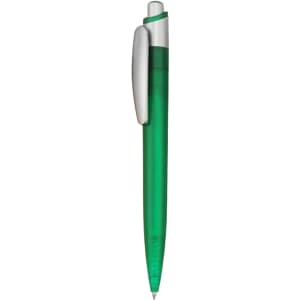 A green plastic pen with a silver clip and grip, featuring a branding logo.