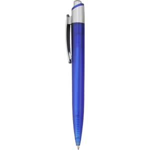 A blue plastic pen with a silver clip and a transparent barrel, featuring a logo on the side.