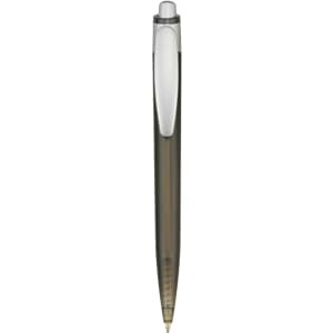 A plastic pen in grey with a silver clip and a smooth finish, featuring a logo on its body.
