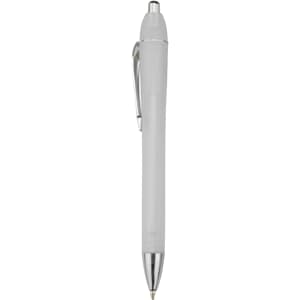 A plastic pen in white with silver accents and a clip. The pen features a smooth, sleek design.