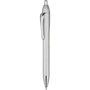 A silver plastic pen with a sleek design and a clip. The pen features a shiny finish and a ballpoint tip.