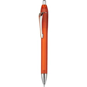 An orange plastic pen with a silver clip and a shiny tip, featuring a logo on the barrel.