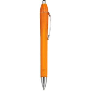 An orange plastic pen with a silver clip and a glossy finish. It has a logo on the barrel.