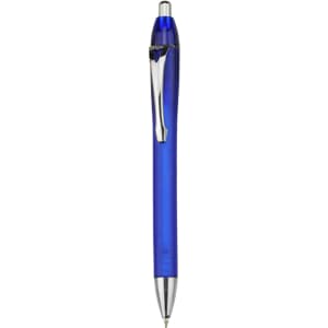 A blue plastic pen with a shiny silver clip and a pointed tip. The pen has a sleek design and a logo on it.