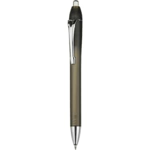 A plastic pen in an olive green colour with a chrome clip and tip. It has a logo on the barrel.
