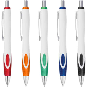 A collection of five plastic pens in white with coloured accents: red, orange, green, blue, and black. Each pen has a logo.