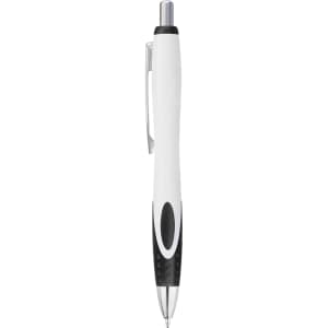 A plastic pen in white and black, featuring a sleek design and a silver clip.