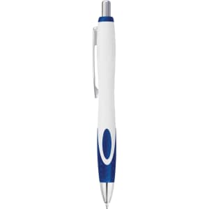 A plastic pen in white and blue, featuring a sleek design and a silver clip. It has a logo on the side.