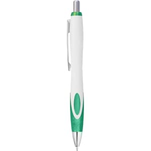 A plastic pen in white with green accents and a silver clip, featuring a logo on the body.
