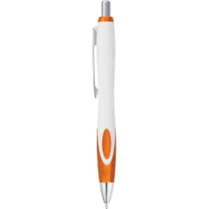 A plastic pen in white with orange accents and a silver clip, featuring a logo on its surface.