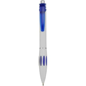 A plastic pen with a white body and blue accents, featuring a cap and a silver clip.