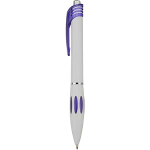 A plastic pen in white with purple accents and a logo. It features a click mechanism and grip sections.