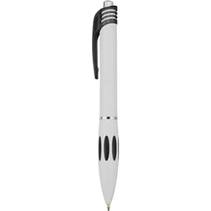 A plastic pen in white with black accents and grip features. It has a clip and a shiny silver band.