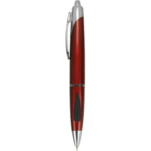 A red and silver plastic pen with a sleek design and a clip for easy attachment.