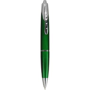 A green plastic pen with a shiny silver clip and accents, featuring a logo on its body.