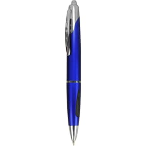 A blue plastic pen with a silver clip and accents, featuring a grip for comfort. It includes a logo on its surface.