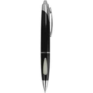 A black plastic pen with chrome accents and a clip, featuring a smooth and sleek design. It has a logo displayed.