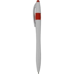 A plastic pen in grey with red grip and clip, featuring a logo on the body.