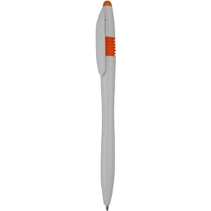 A plastic pen in white with orange accents and a logo.