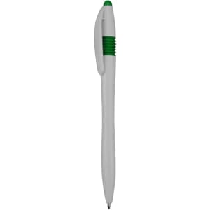 A white plastic pen with green grip and green top, featuring a logo on the side.