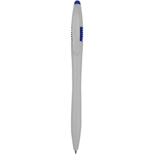 A plastic pen with a sleek grey body and a blue tip, featuring a logo on its side.