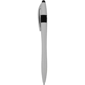 A grey plastic pen with a black grip and a rounded cap. It features a logo on the barrel.