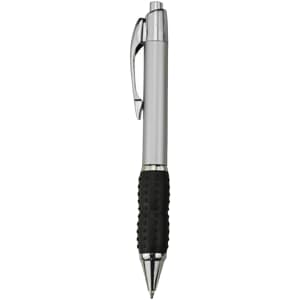 A silver plastic pen with a black rubber grip and a clip. It has a sleek design and features a logo.