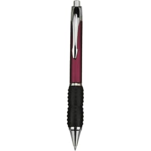 A plastic pen featuring a purple barrel, chrome accents, and a black rubber grip. The pen has a logo on it.