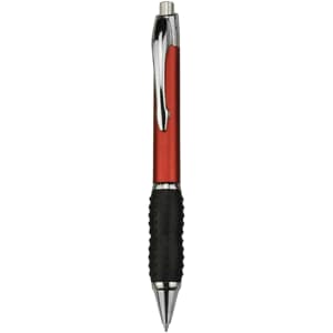 A plastic pen with a red barrel, chrome accents, and a black rubber grip. It features a logo.