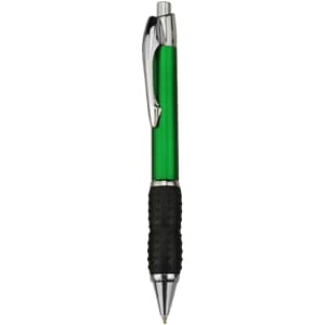 A green plastic pen with a black grip and a silver clip. It features a logo on the barrel.