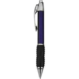 A plastic pen in a vibrant purple colour with a black rubber grip and chrome accents. It features a logo.