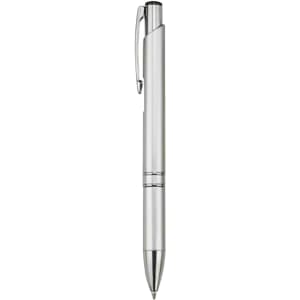 A sleek silver plastic pen with a clip and a shiny tip, featuring a logo on the barrel.