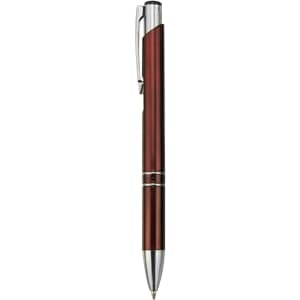 A burgundy plastic pen with silver accents and a clip, featuring a logo.