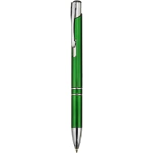 A green plastic pen with a silver clip and accents, featuring a sleek design. It has a logo on the body.