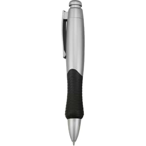 A silver plastic pen with a black rubber grip and clip, featuring a logo on the body.