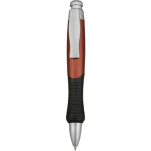 A plastic pen in red and black, featuring a silver clip and a textured grip for comfort.