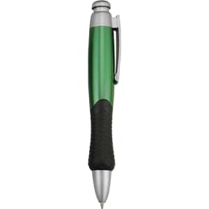 A green plastic pen with a silver tip and a black textured grip, featuring a clip and branding.