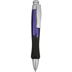 A plastic pen in purple and silver with a textured black grip and a clip. Features a logo on the barrel.