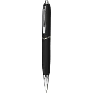A sleek black plastic pen with chrome accents and a smooth, refined design. It features a logo on the barrel.