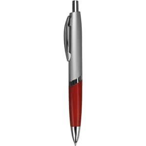 A plastic pen featuring a combination of silver and red colours, complete with a clip and a logo.