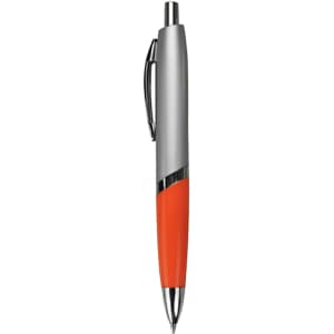 A silver and orange plastic pen featuring a sleek design and a clip. It has a branding logo on the barrel.