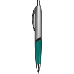 A plastic pen featuring a silver barrel and a teal grip, with a chrome accent and a clip.
