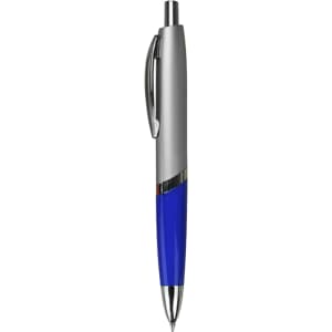 A plastic pen with a silver and blue design, featuring a clip for easy attachment and a logo.