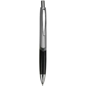 A plastic pen featuring a chrome and black design, with a sleek, modern aesthetic and a logo.