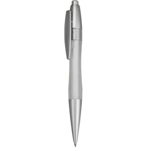 A plastic pen in silver and transparent, featuring a clip and a push-button mechanism. It has a logo on the barrel.