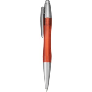 An orange plastic pen with a silver clip and tip, featuring a logo on its body.