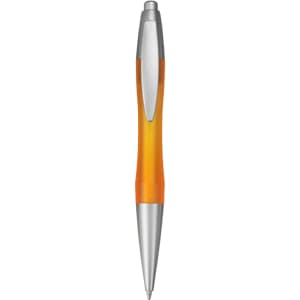 An orange plastic pen with silver accents and a transparent barrel, featuring a logo on the side.
