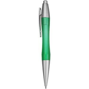 A green plastic pen with a silver clip and accents, featuring a textured grip for comfort.
